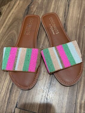 Coconuts by Matisse Striped Beaded Pink Green White Slide Sandals